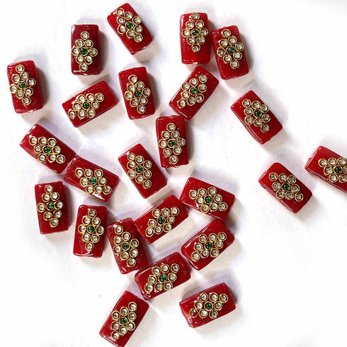 Maroon Color Rectangle Shape Beads With Kundan Work Pack Of 6